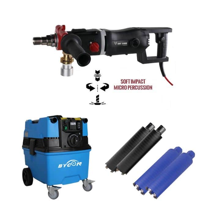 Professioneller BYCON Bau-Staubsauger AVC38-HEPA & Brushless Diamantbohrmaschine DB-162 mit 4 Bohrern. Perfekt für Klimaanlagenmonteure und Installateure.