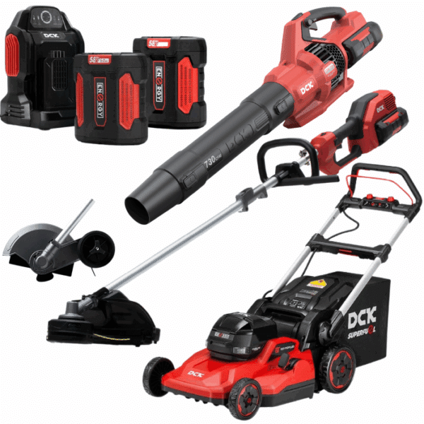 DCK Tools 58V Gartenpflege Gesamtpaket – Kombimotor + Rasenmäher + Laubbläser + Rasenkantenschneider + zusätzlicher 5.0Ah Akku DCK Tools 58V Gartenpflege Gesamtpaket – Kombimotor + Rasenmäher + Laubbläser + Rasenkantenschneider + zusätzlicher 5.0Ah Akku